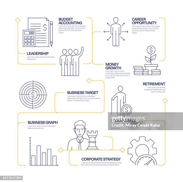 stockillustraties, clipart, cartoons en iconen met business management modern line style infographic template. procesdiagram werkstroom - team inspectors