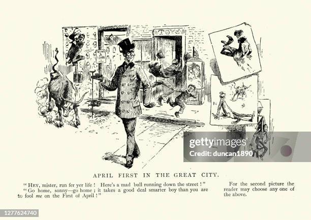 victorian cartoon, april fool's day, mad bull, 19th century - april fools day stock illustrations