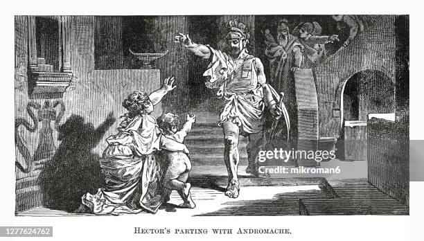 old engraved illustration of hector's parting with andromache - cavallo di troia foto e immagini stock