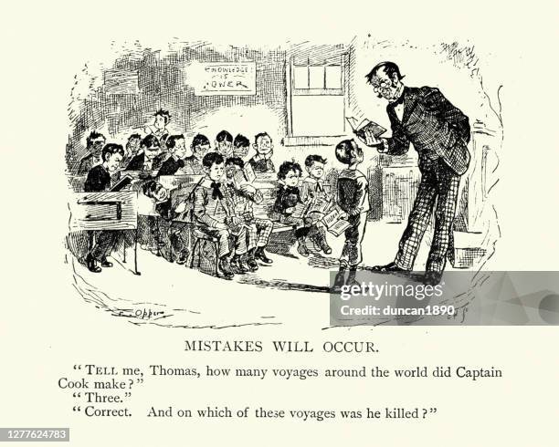 mistakes will occur, teacher and student, victorian cartoon - primary school classroom uk stock illustrations