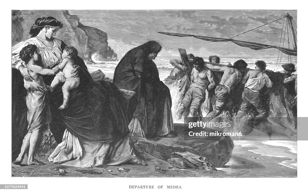 Old engraved illustration of The sorceress Medea prepares the departure of the expedition of the Argonauts