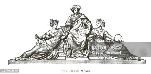 old engraved illustration of the three muses - artists model bildbanksfoton och bilder