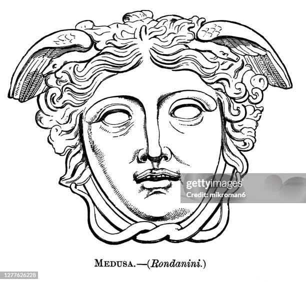 old engraved illustration of head of medusa - grotesque stock pictures, royalty-free photos & images