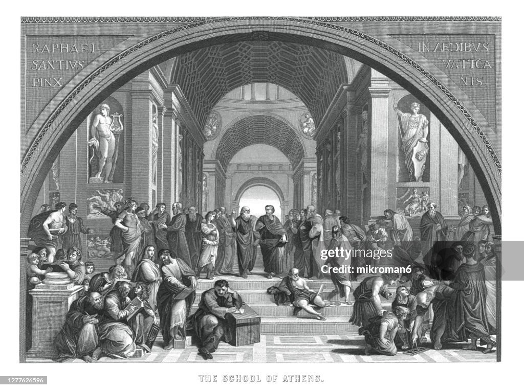 Old engraved illustration of School Of Athens By Raphael