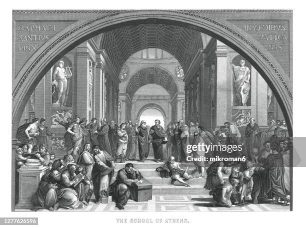 old engraved illustration of school of athens by raphael - pythagoras bildbanksfoton och bilder