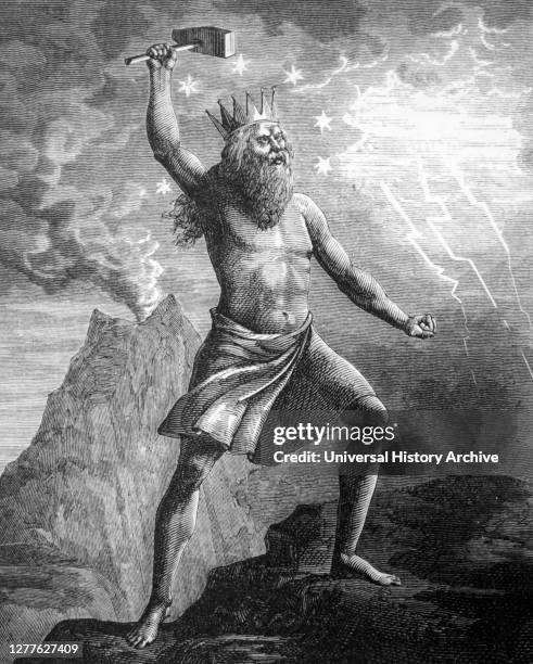 Engraving depicting Thor, son of Odin, god of thunder and lighting in Norse mythology.