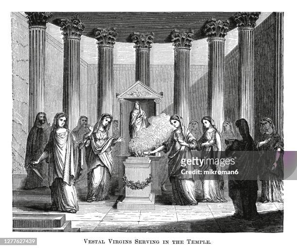 old engraved illustration of vestal virgins serving in the temple in the ancient rome - greek roman civilization stock pictures, royalty-free photos & images