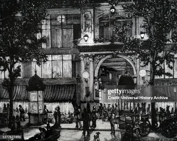 Engraving depicting the entrance to Passage Jouffroy, Paris, lit by lampe-soleil.