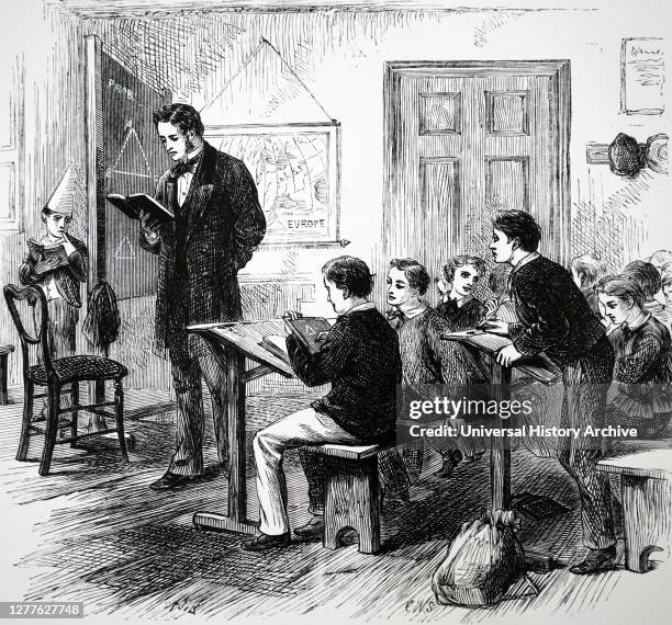 Engraving depicting a classroom at a boy's 'prep' school.