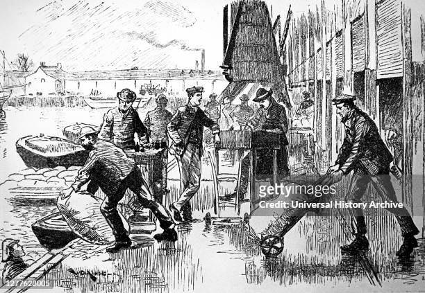 Engraving depicting London dockers at work in the East India Docks.