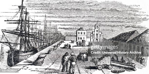 Engraving depicting the East India Dock, London.