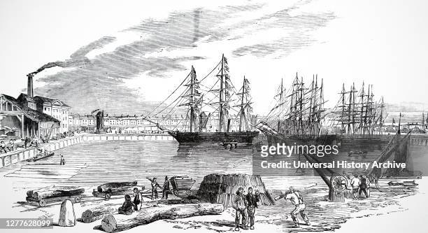 Engraving depicting the steamer 'John Bowes' in the collier dock of the East and West India Dock Railway.