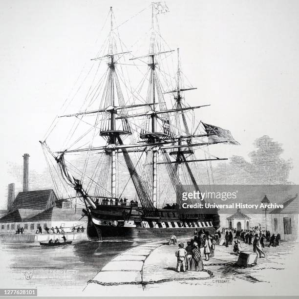 Engraving depicting a vessel under tow in the East India Dock, London.