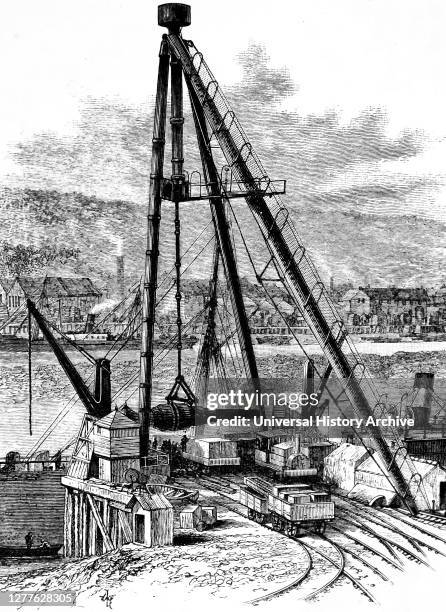 Engraving depicting the great crane at Armstrong's gun works, Newcastle-upon-Tyne, lifting a 100 ton gun.