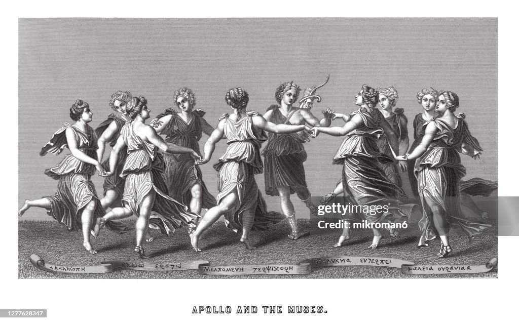 Old engraved illustration of Apollo and The Muses
