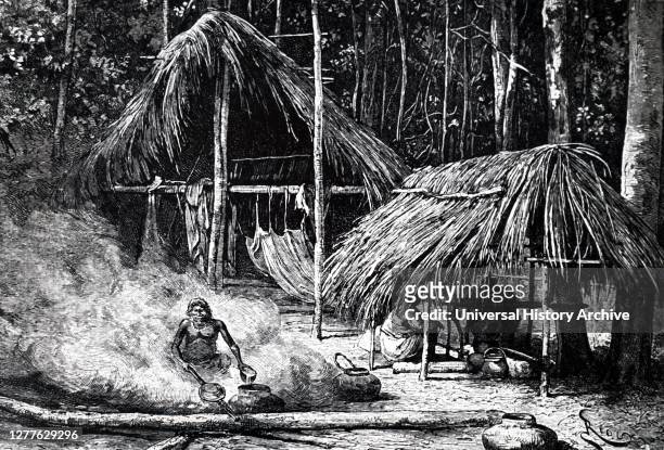 Engraving depicting an Native Indian camp on the banks of the Orinoco, showing the treatment of raw sap collected from rubber trees.