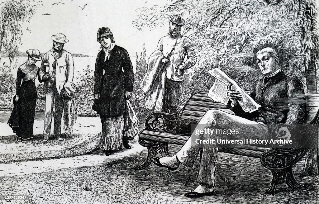 Engraving depicting a man reading whilst sitting on a park bench