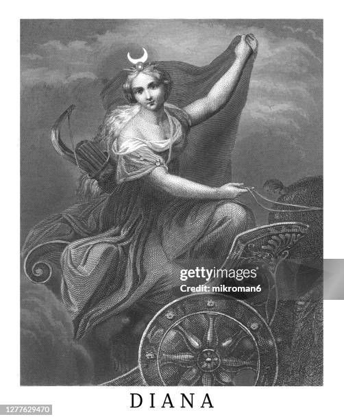 old engraved illustration of roman goddess diana or greek goddess artemis - ancient roman chariot stock-fotos und bilder