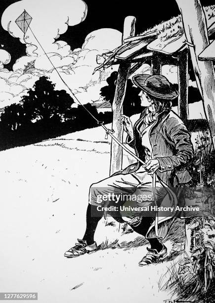Engraving depicting Benjamin Franklin investigating the electricity of thunderstorms. Illustration by Thomas Heath Robinson .