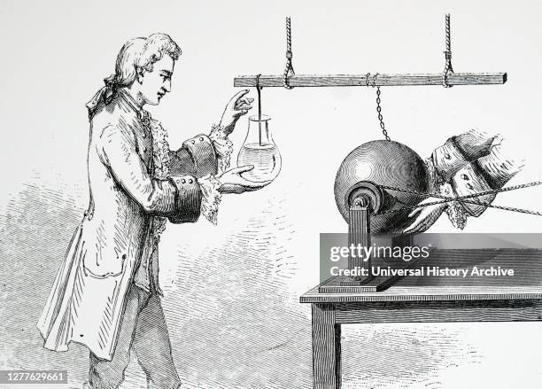Engraving depicting Andreas Cunaeus using a Leyden Jar in Pieter van Musschenbroek's lab.