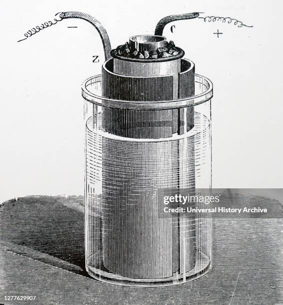 Engraving depicting John Frederic Daniell's element in a modified form. A glass vessel containing diluted sulphuric acid: inside is a zinc cylinder...