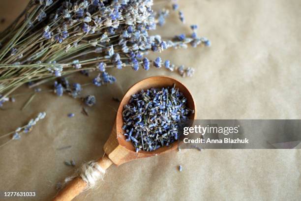 wooden spoon with dried lavender flowers over craft brown background. essential oil, organic natural ingredient for cosmetics, home and health care. rustic style. - rosa violette parfumee photos et images de collection
