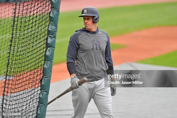 Erik Kratz of the New York Yankees warms up prior to Game Two of the American League or National League Wild Card Series against the Cleveland...