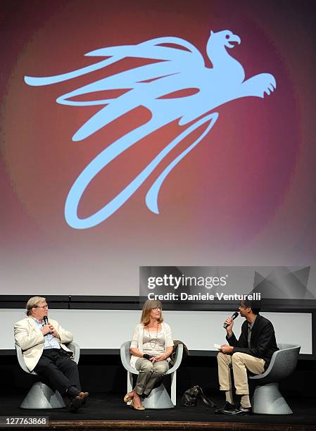 Pennebaker, Chris Hegedus and Chief Film Curator of Moma New York Rajendra Roy attend the ' D.A. Pennebaker And Chris Hegedus Tribute' during the...