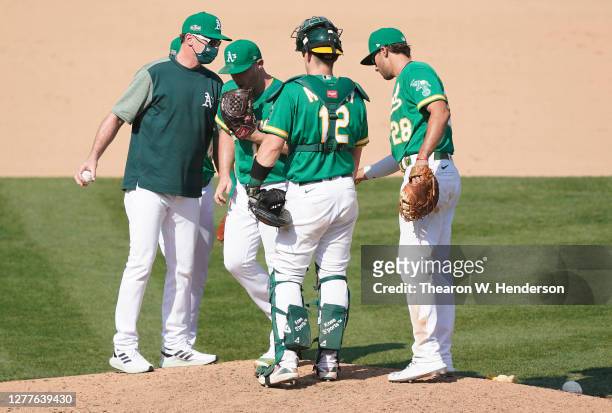 Manager Bob Melvin of the Oakland Athletics takes the ball from Liam Hendriks $16 taking him out of the game against the Chicago White Sox during the...
