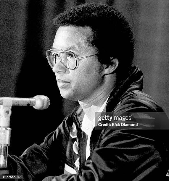 Davis Cup manager Arthur Ashe attends Davis Cup at The OMNI Coliseum in Atlanta Georgia, July 14,1984 (Photo by Rick Diamond/Getty Images