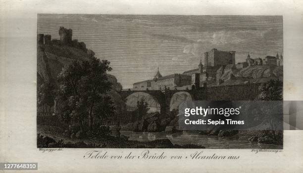 Toledo from the bridge of Alcantara, Toledo towards the Alcazar seen from the Tagus, signed: Waizenegger ; Friz, Haldenwang , Fig. 5, p. 276,...