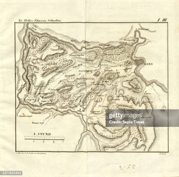 The Battle of the Donnerbühl or in the Jammerthal on 2 March 1298 and Battle of Laupen on 21st Brachmonat 1339, Map of the Battle of Dornbühl and...