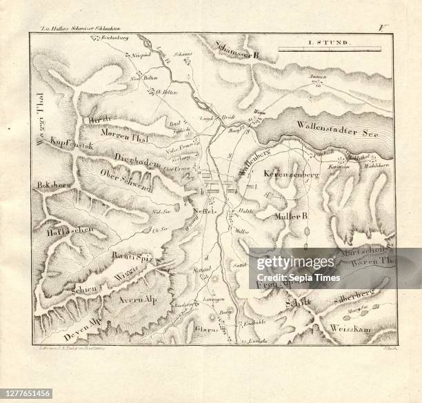 The Battle of Näfels on April 9 Map of the Battle of Näfels, Signed: Lith. By J. A. Pecht; Schuche ?, Taf. V, after p. 423, Pecht, Johann Andreas ,...