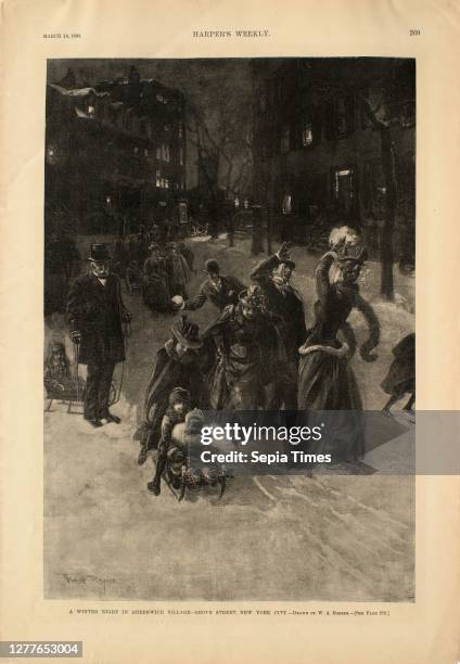 William Allen Rogers, American, 1854–1931, A Winter Night in Greenwich Village, Grove Street, New York City Photomechanical reproduction on paper,...