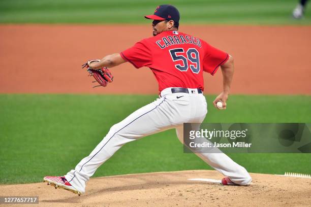 Starting pitcher Carlos Carrasco of the Cleveland Indians pitches during the first inning of Game Two of the American League Wild Card Series against...