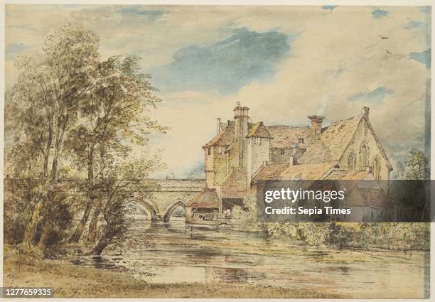 John Constable, English, 1776–1837, Old Houses on Harnam Bridge, Salisbury with the Ancient Hospital of Saint Nicholas Pen and brown and gray inks...