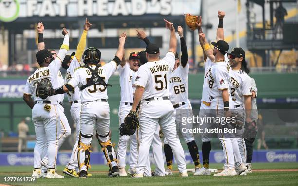 The Pittsburgh Pirates celebrate after a 5-4 win over the San Diego Padres during the game at PNC Park on June 29, 2023 in Pittsburgh, Pennsylvania.