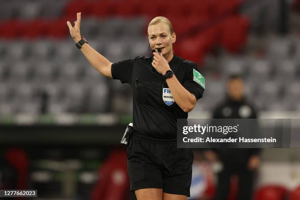 Referee Bibiana Steinhaus gestures during the Supercup 2020 match between FC Bayern Muenchen and Borussia Dortmund at Allianz Arena on September 30,...