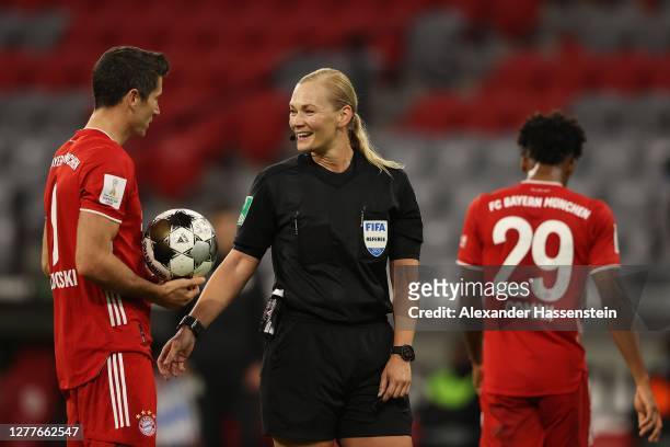 Referee Bibiana Steinhaus gestures during the Supercup 2020 match between FC Bayern Muenchen and Borussia Dortmund at Allianz Arena on September 30,...