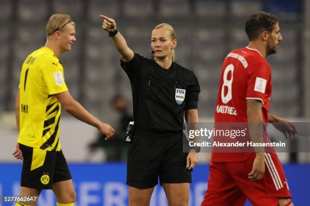 Referee Bibiana Steinhaus gestures during the Supercup 2020 match between FC Bayern Muenchen and Borussia Dortmund at Allianz Arena on September 30,...