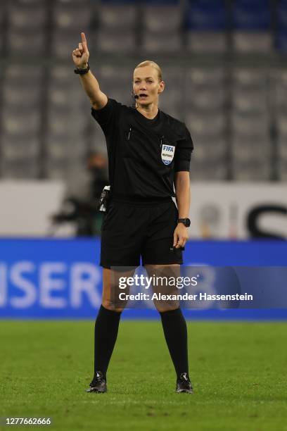 Referee Bibiana Steinhaus gestures during the Supercup 2020 match between FC Bayern Muenchen and Borussia Dortmund at Allianz Arena on September 30,...