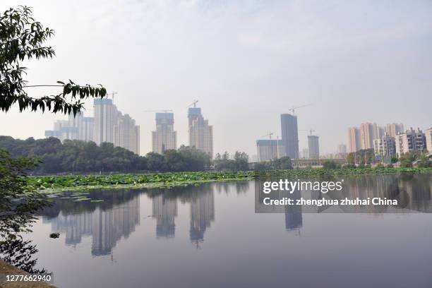 urban residential complex reflected by lake - wuhan 個照片及圖片檔