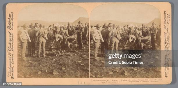 Soldiers in a camp in South Africa, A heavenly moment for 'Tommy' - Washing the terrible African dust away, Gloucester Camp, Naauwpoort, S.A. , camp...