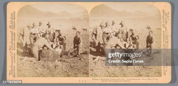 British soldiers fill a gas lamp at Slingersfontein in South Africa, Filling a Signaling Lamp with Gas, Slingersfontein - Boer War, S.A. , the...