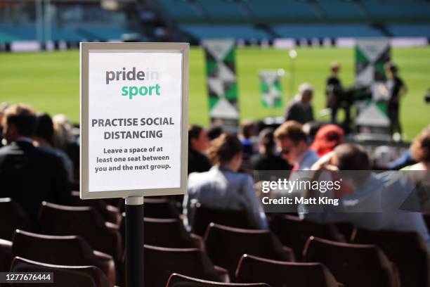 Signage is displayed during the launch of Australian national sporting organisations' policies and guidelines on transgender and gender diverse...