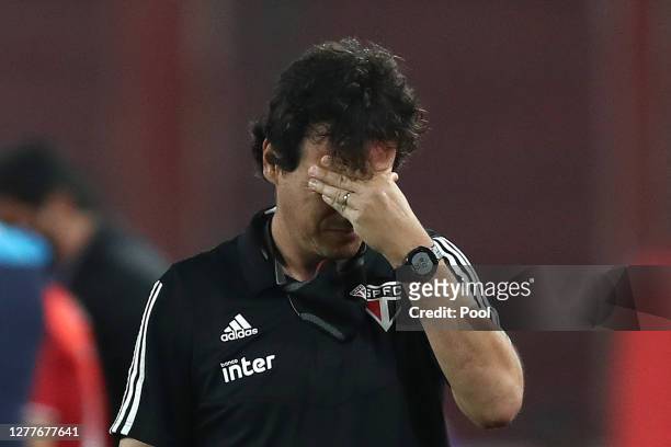 Fernando Diniz Silva coach of Sao Paulo reacts during a Copa CONMEBOL Libertadores 2020 group D match between River Plate and Sao Paulo at Estadio...