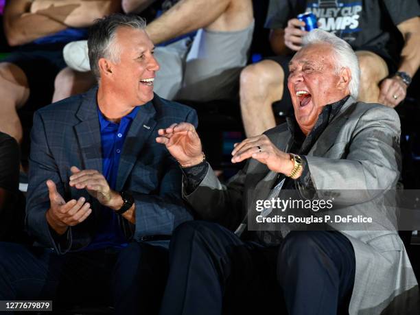 Ex-NHL player Dave Andreychuk and Ex-NHL head coach Phil Esposito react during the 2020 Stanley Cup Champion rally on September 30, 2020 in Tampa,...