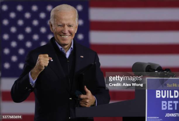 Democratic U.S. Presidential nominee Joe Biden gestures during a campaign stop outside Johnstown Train Station September 30, 2020 in Johnstown,...