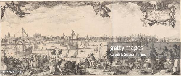 Profile of Amsterdam, seen from the IJ , Right part of a profile of Amsterdam, seen from the IJ, prospect of city, town panorama, silhouette of city,...