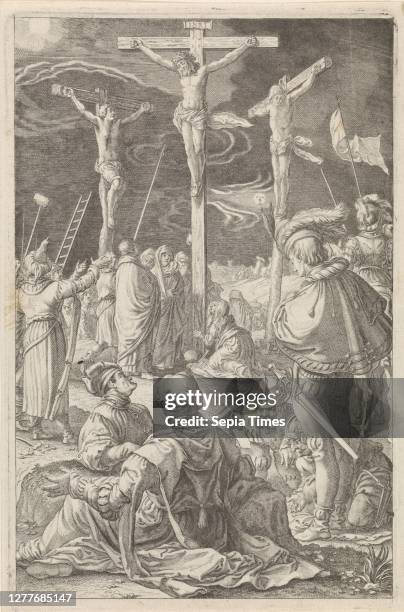 Crucifixion De Passie , Christ on the cross between the two other crucifixions. At the foot of the cross among others the three Marys and Longinus...